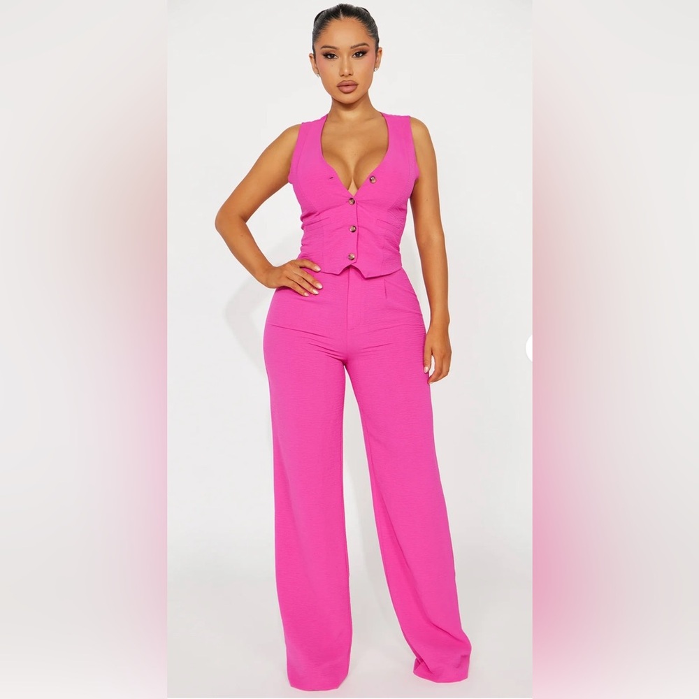 High-Waist Wide Leg Pants with Vest in Hot Pink